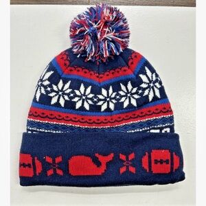 Vineyard Vines Pom Pom Beanie Red White Blue One Size Knit Snowflakes Whales
